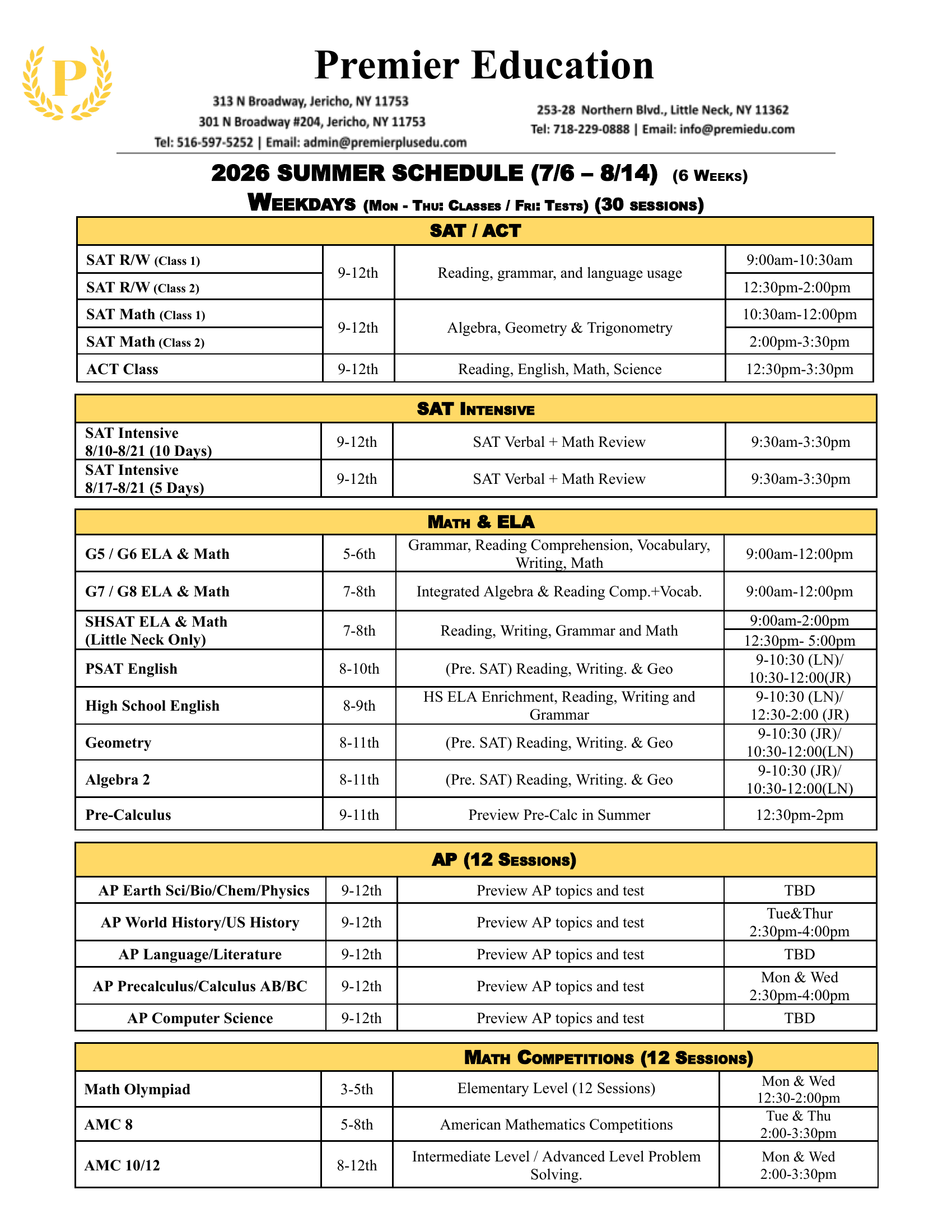 2026 Summer Program schedule page 1: SAT/ACT, SAT Intensive, Math & ELA, AP courses, and Math Competitions