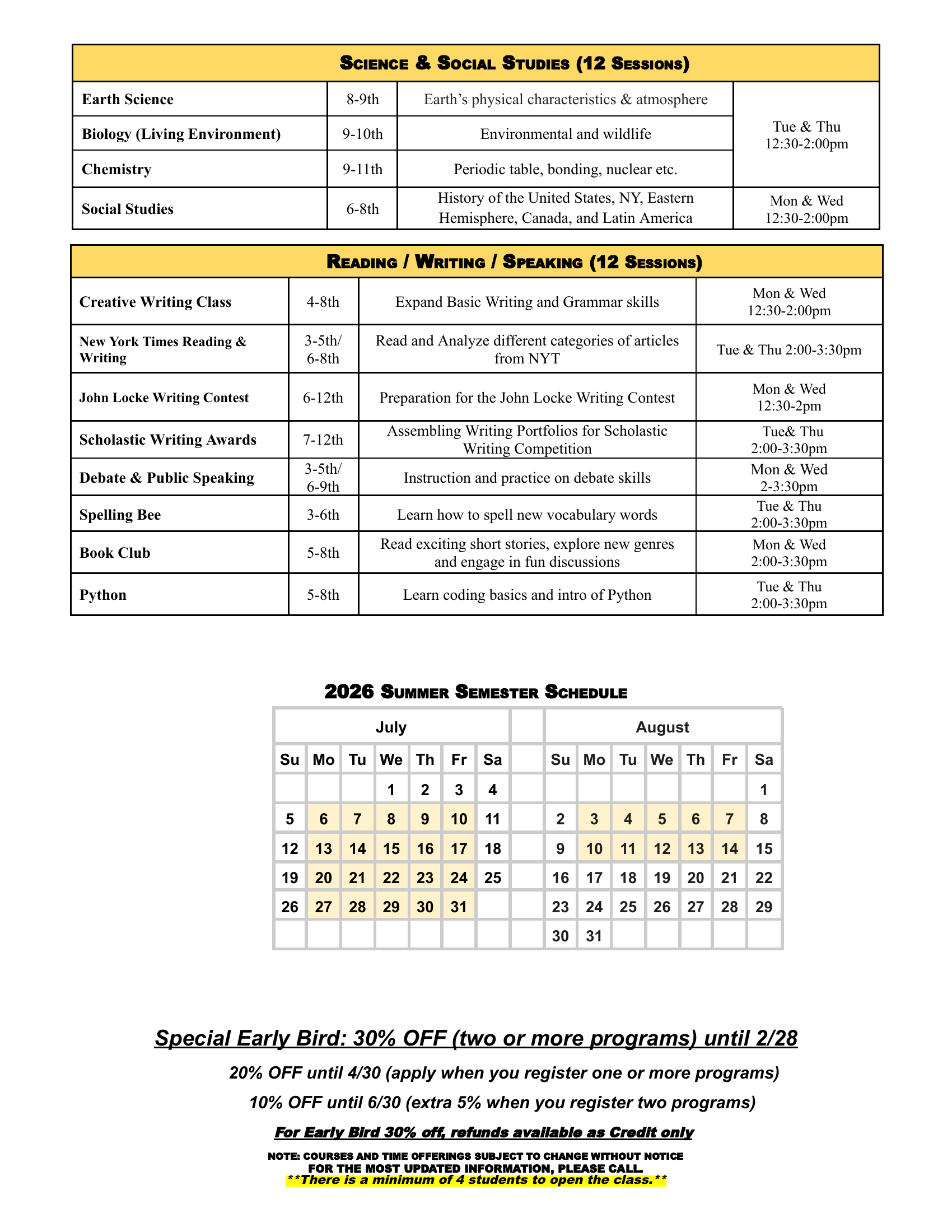 2026 Summer Program schedule page 2: Science & Social Studies, Reading/Writing/Speaking, summer semester calendar, and early bird pricing