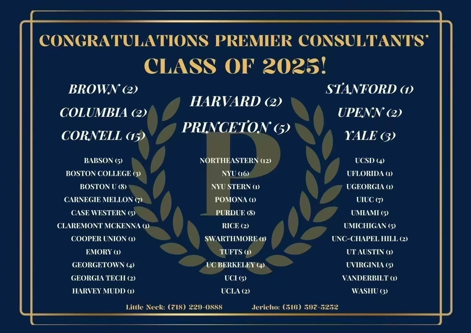 Premier Plus Education 2025 college admissions results - students accepted to Ivy League and top universities